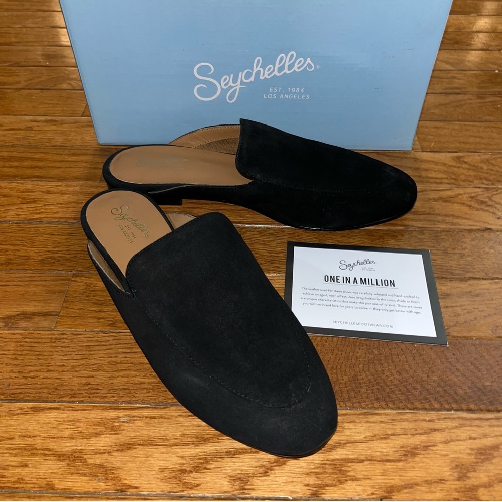 Seychelles Suede Between Us Flat Mules Black Suede Women’s Size 12 NEW